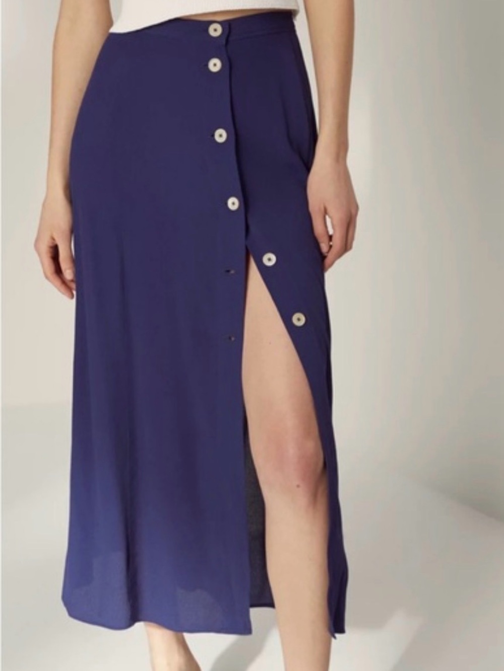 Wilfred Deep Navy Button-Front Midi Skirt with High Side Slit